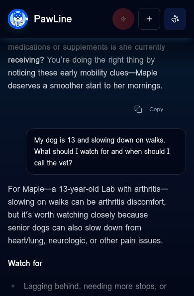 PawLine app chat for a demo pet, a 13-year-old Lab named Maple, answering a question about slowing down on walks
